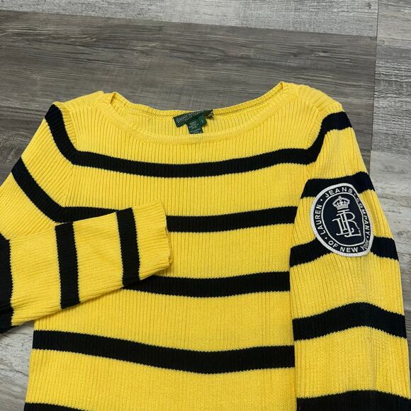 Ralph Lauren Jeans Yellow Black Striped Womens S Crest Patch Logo Ribbed Sweater - Picture 1 of 8